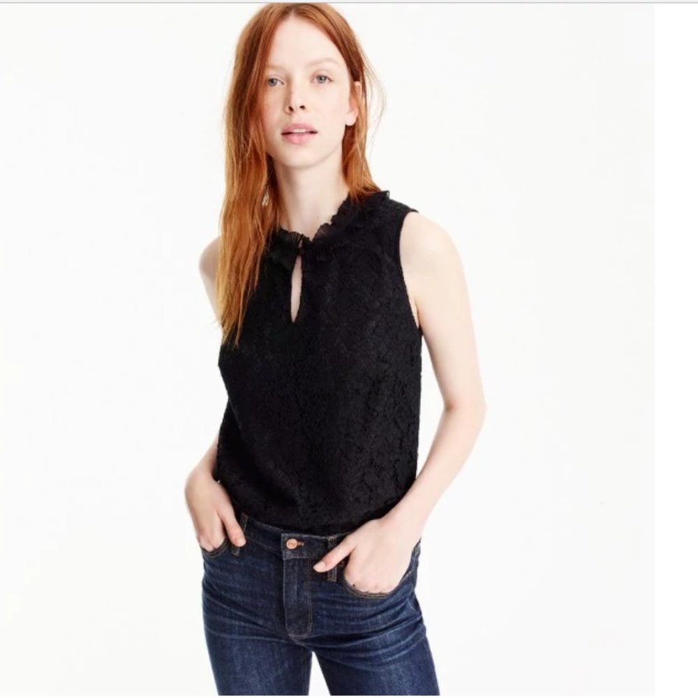 J.Crew Lace Ruffle-neck Top Shirt Blouse Lined H2203 BLACK
